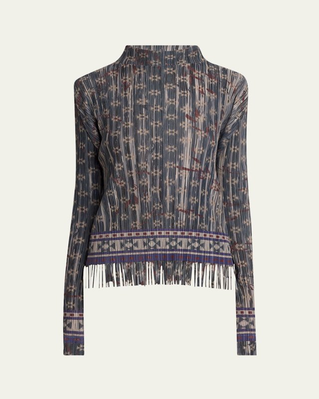 Mock-Neck Geo Jersey Plisse Fringe Top